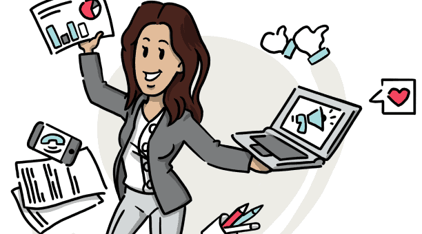 Eine Marketingmitarbeiterin hält einen Laptop und ein Diagramm in den Händen, umgeben von verschiedenen Marketingelementen