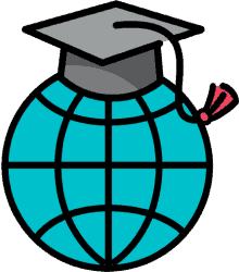 A blue globe with a graduation cap on it signifying the interactive creation of learning videos