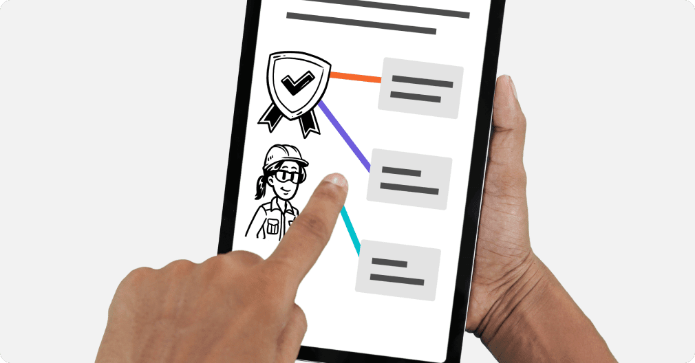 Finger pointing at an illustration on a tablet depicting the interactive elements simpleshow offers as a professional add on