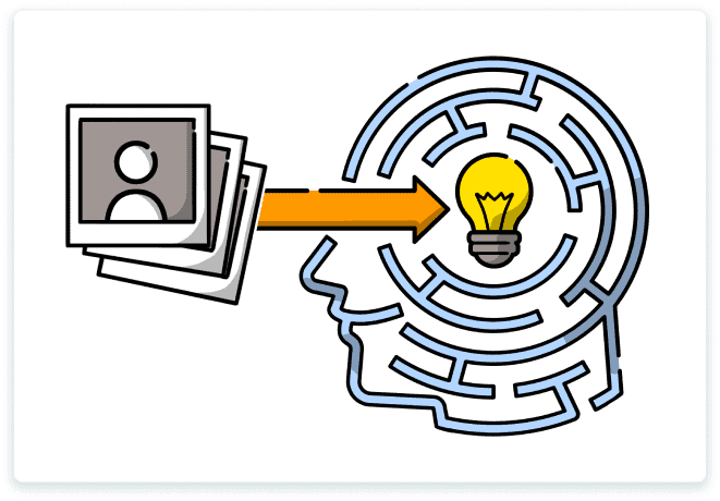 Three pictures pointed at an illustration of a head containing a light bulb depicting increased information retention