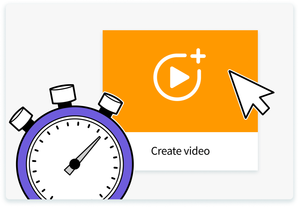 Eine violette Stoppuhr auf einer orangefarbenen Fläche mit der Aufschrift "Video erstellen"